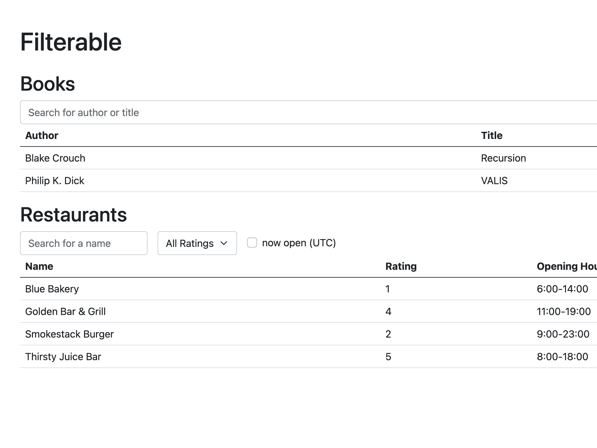 A user interface showing faceted search of books and restaurants