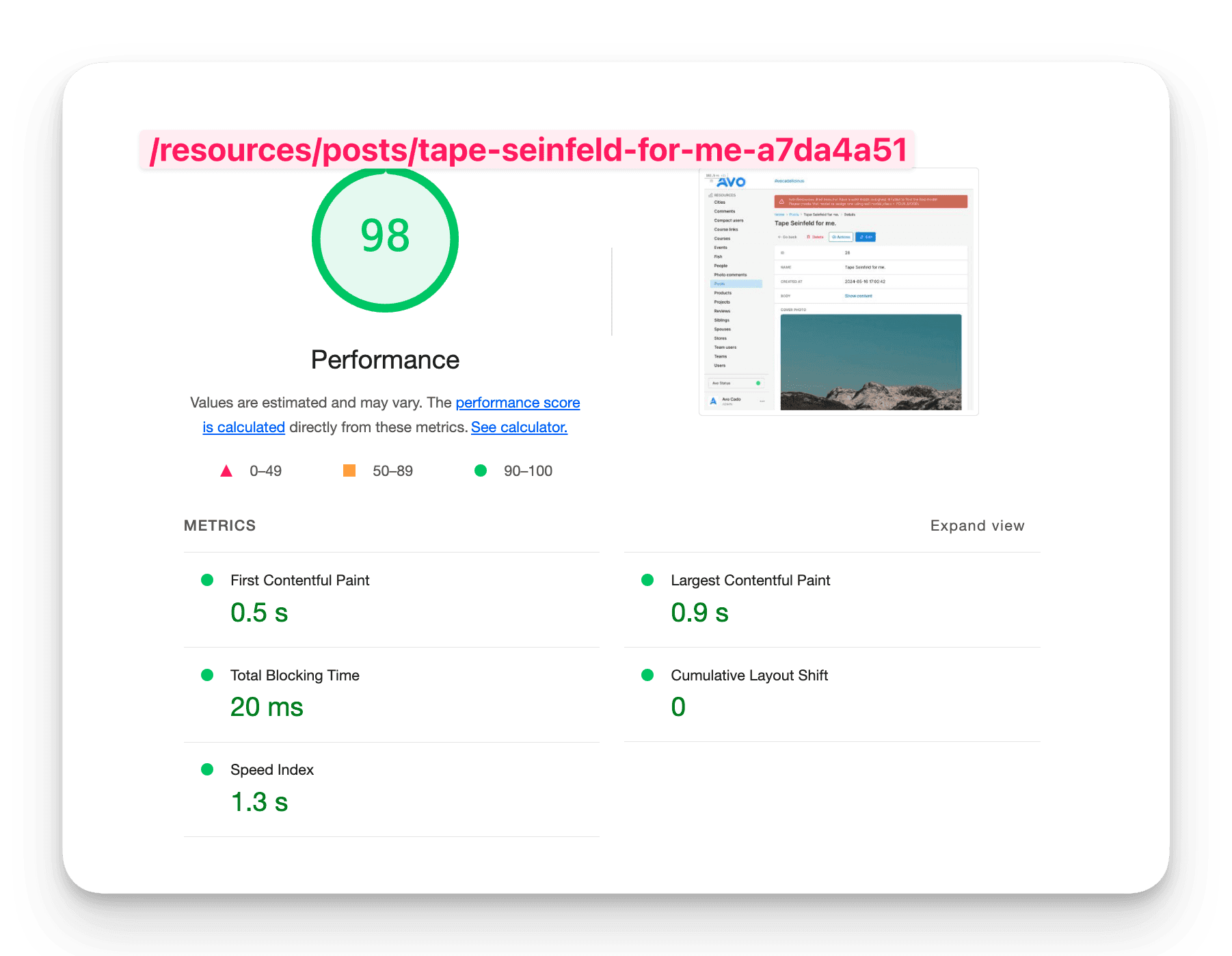 A lighthouse audit with a performance score of 98