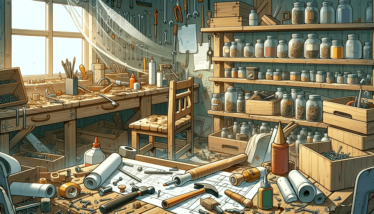 Illustration of a messy workshop with scattered tools and materials