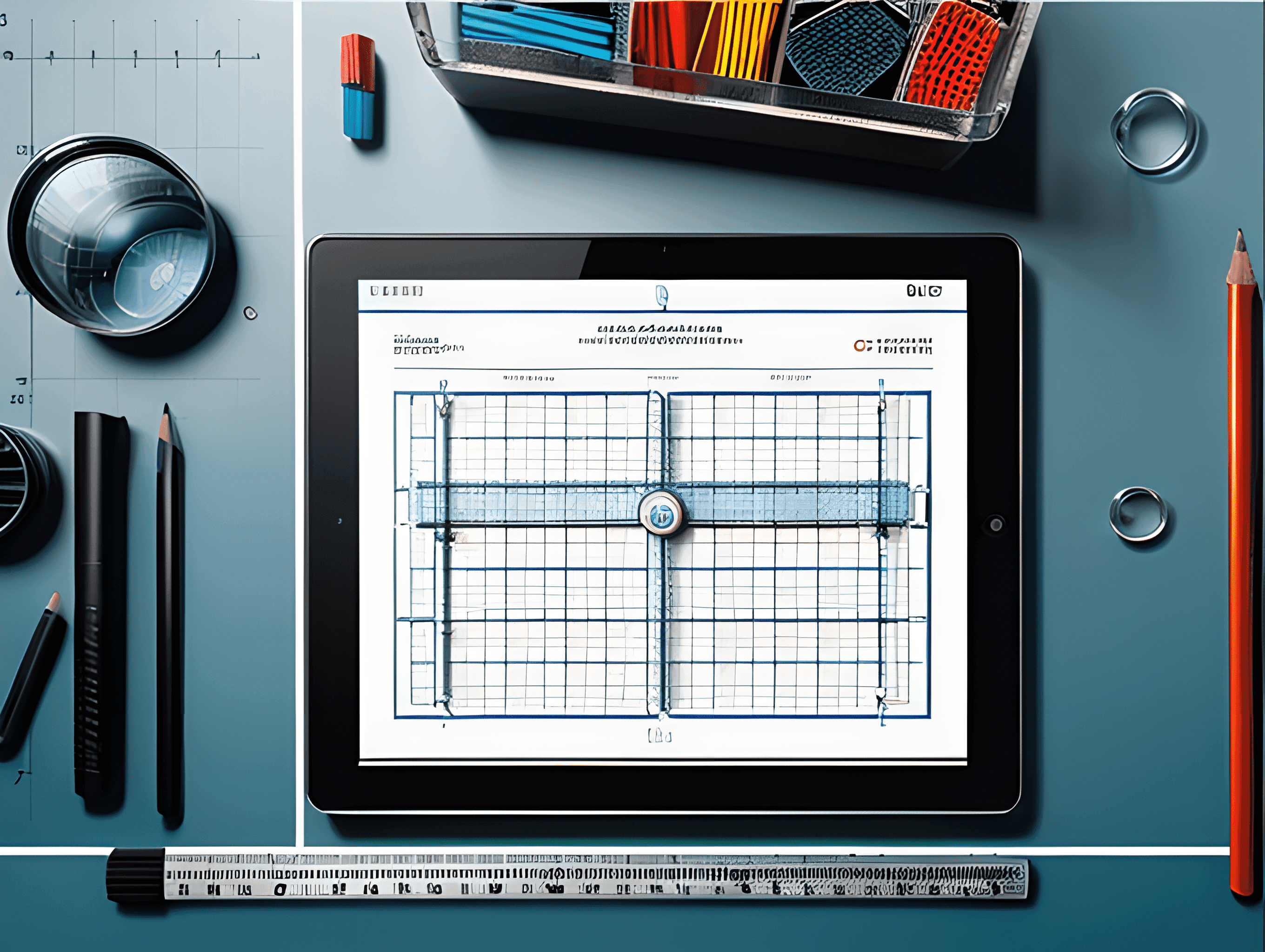 A tablet showing a grid, various drawing tools