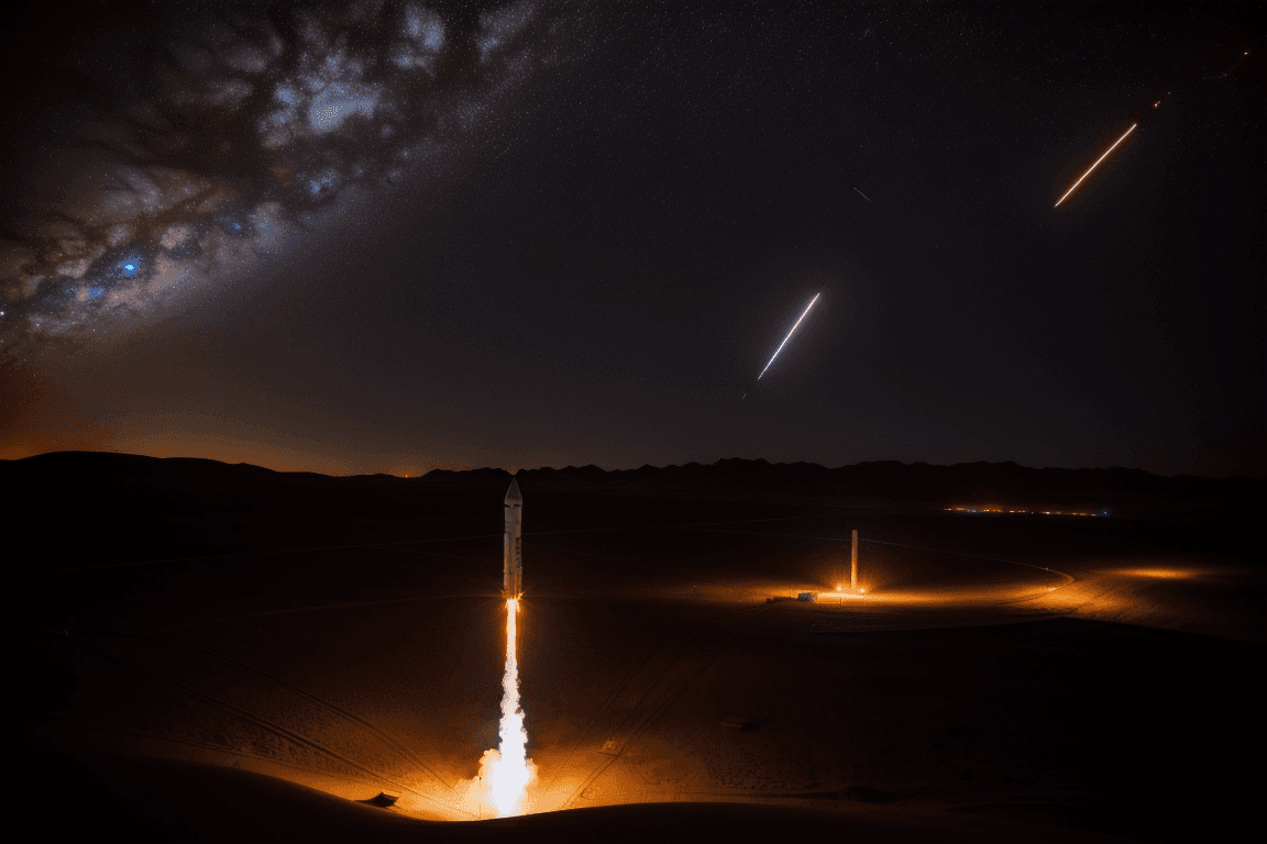 A rocket launch in the desert at night