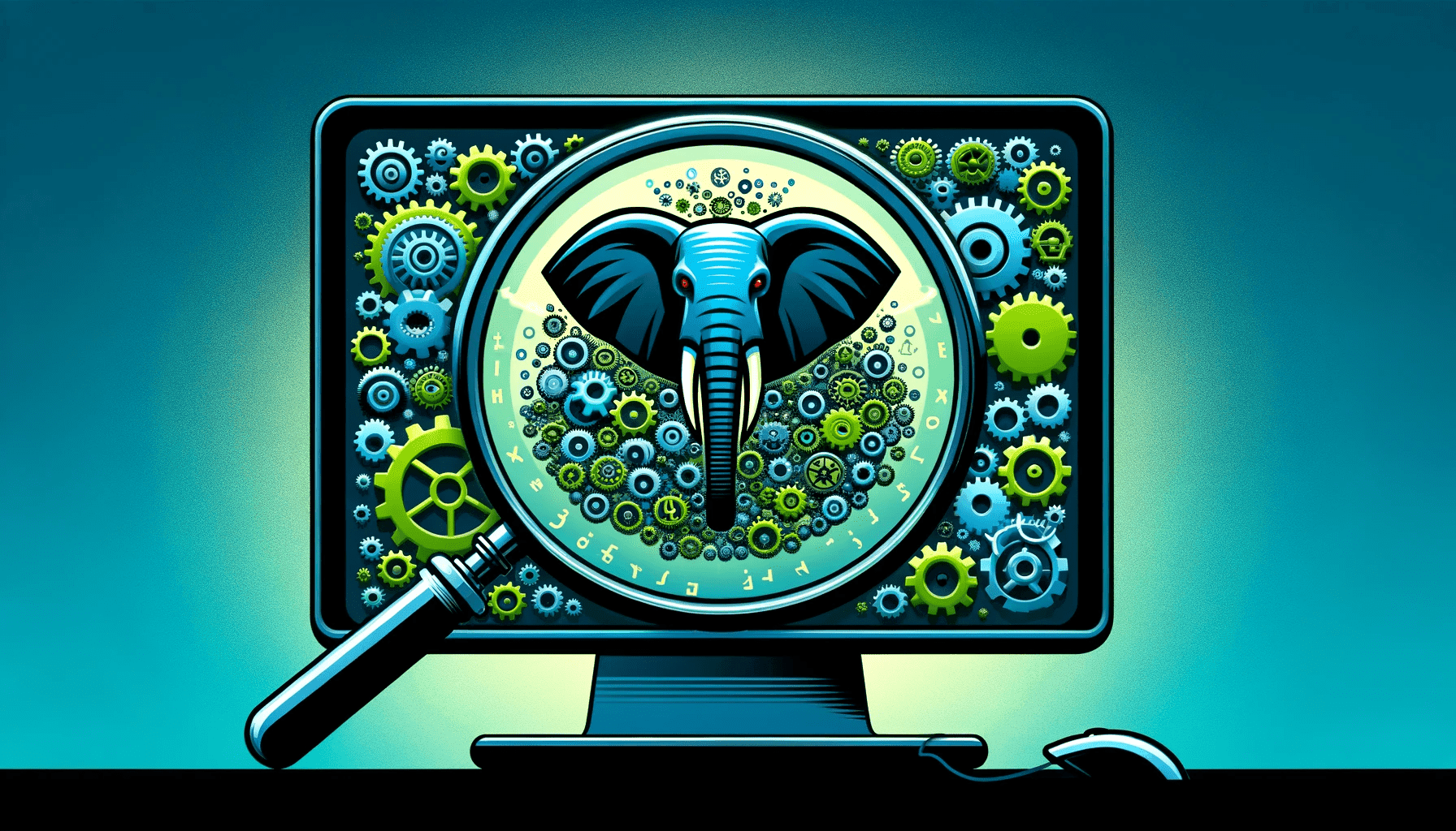A cartoon computer display showing an elephant and many gears